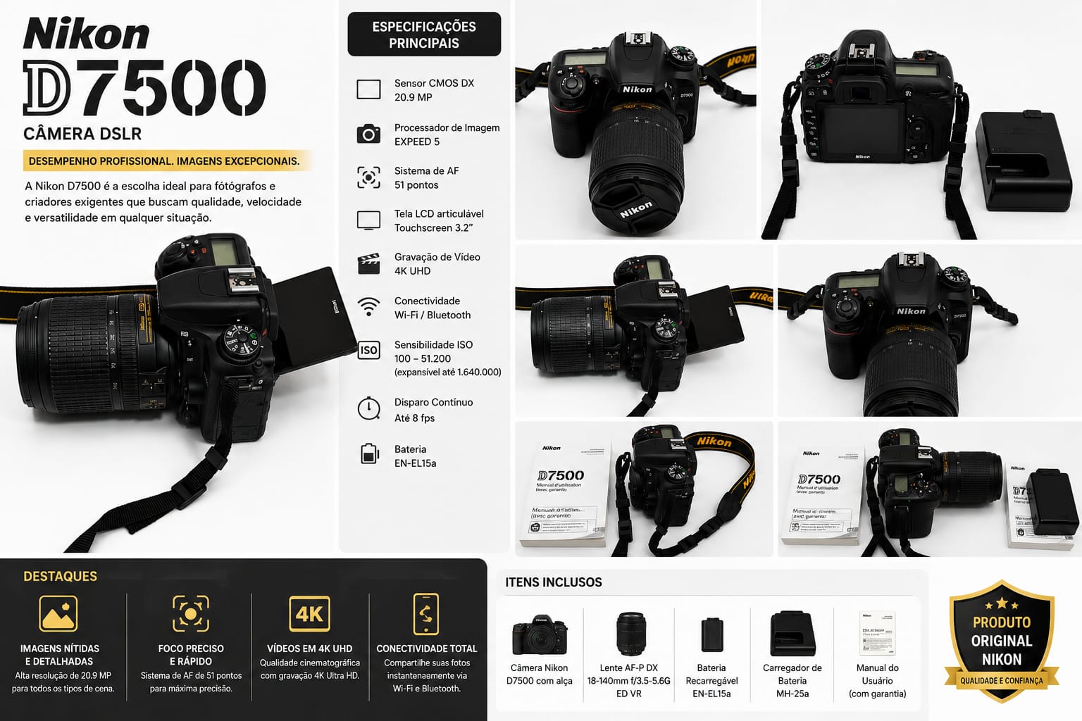 Nikon D7500 com lente, bateria, carregador e manual